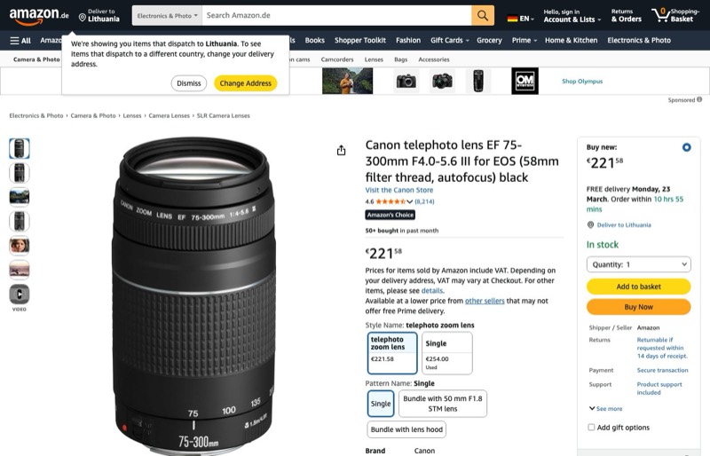 Objektyvas Canon EF 75-300mm kaina Amazon.de — 221,58 €