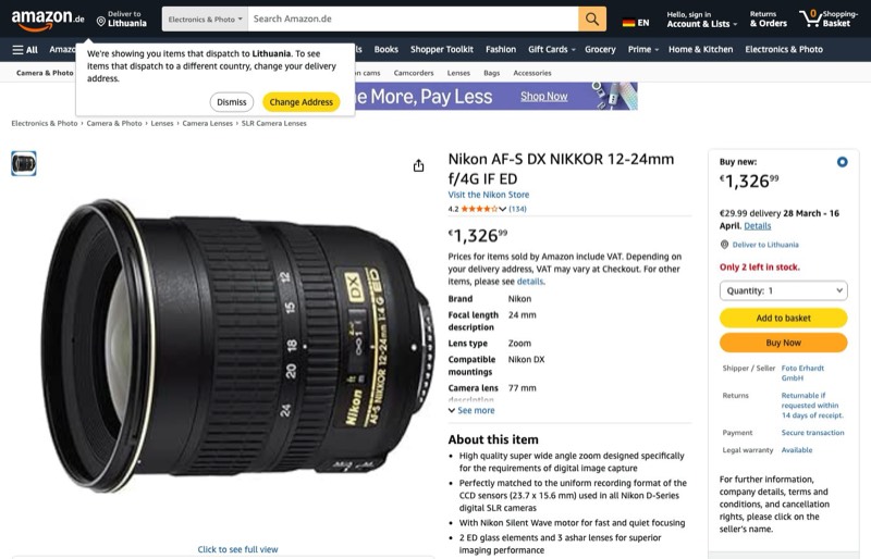 Nikon AF-S DX Zoom-Nikkor 12-24mm 1: IF-ED Objektiv kaina Amazon.de — 1326,99 €