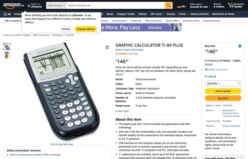 Texas Instruments TI 84 Plus inkl. USB-Link kaina Amazon.de — 146,99 €