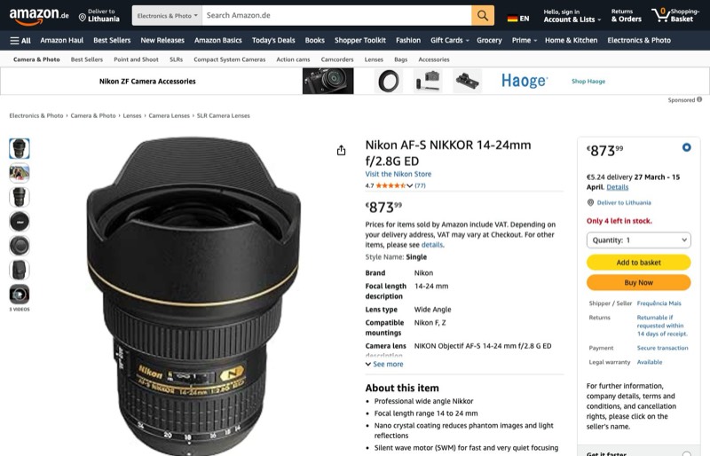 Nikon AF-S Nikkor 14-24 mm 1: ED kaina Amazon.de — 873,99 €