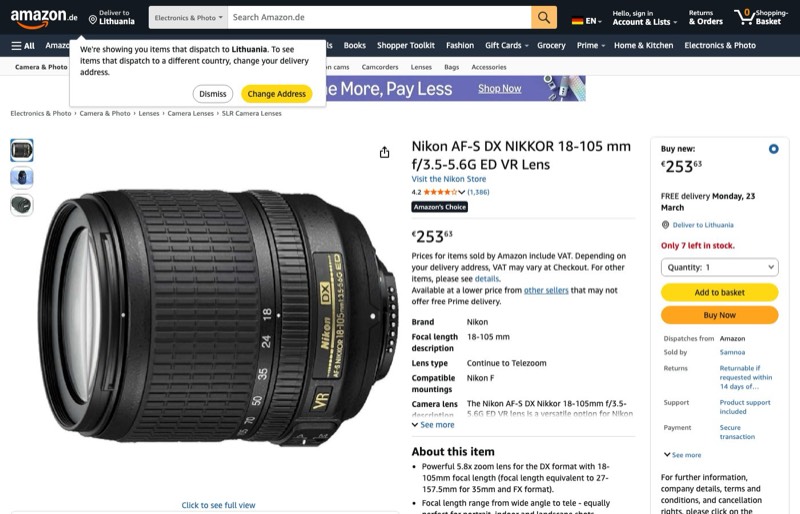 Nikon AF-S DX 18-105mm f/3.5-5.6G kaina Amazon.de — 253,63 €
