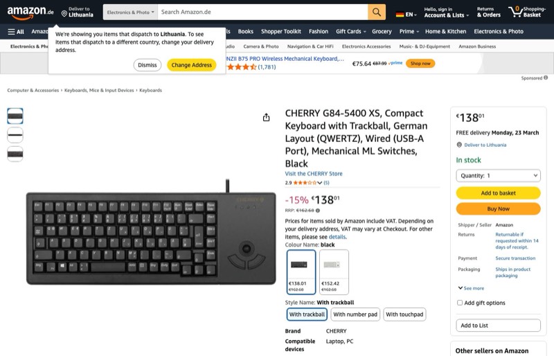 CHERRY G84-5400 XS kaina Amazon.de — 138,01 €