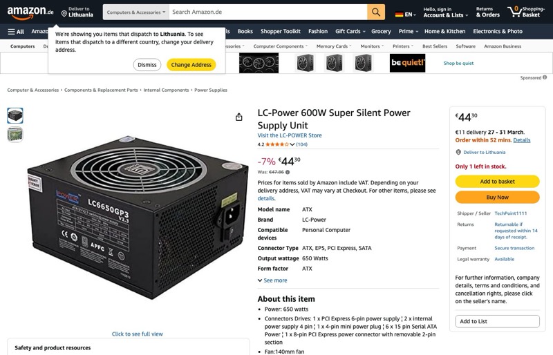 Maitinimo blokas LC-Power LC6650 V2.3 kaina Amazon.de — 44,30 €