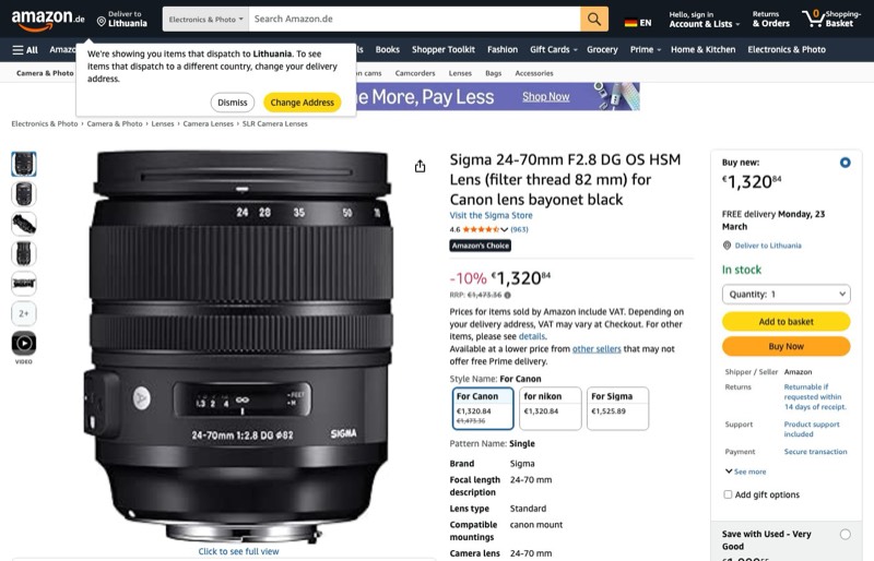 Sigma 24-70mm F2 kaina Amazon.de — 1320,84 €