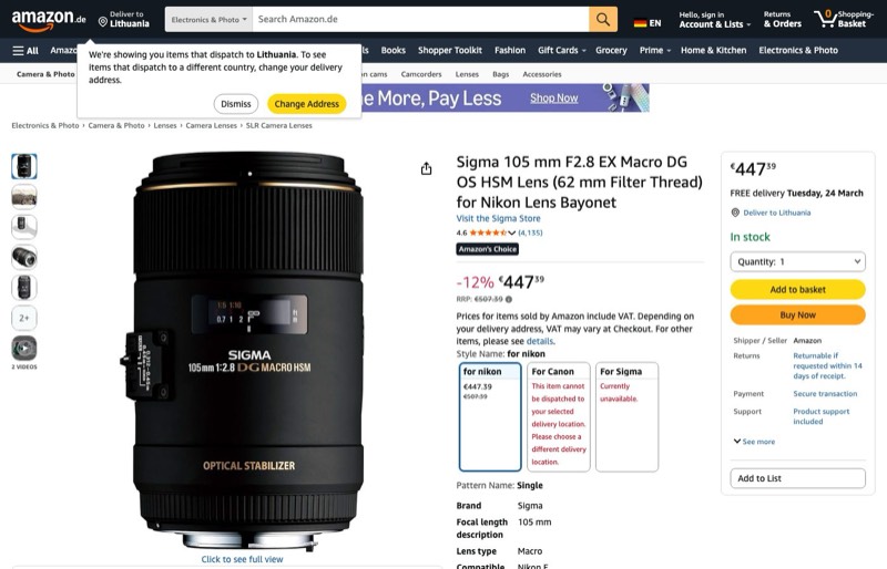 Sigma 105mm F2 kaina Amazon.de — 447,39 €