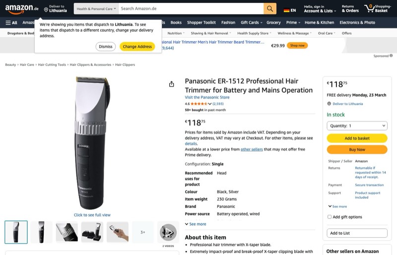 Panasonic ER-1512 Professional Trimmer kaina Amazon.de — 118,75 €