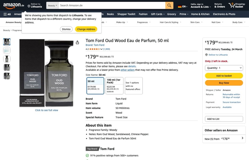 Universalūs kvepalai Tom Ford Oud Wood Parfum EDP 50 ml kaina Amazon.de — 179,98 €