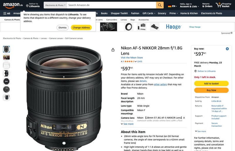 Nikon 2203 AF-S Nikkor 28mm 1:1 kaina Amazon.de — 597,41 €