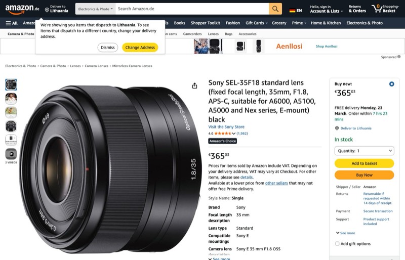 Sony SEL35F18 kaina Amazon.de — 365,03 €