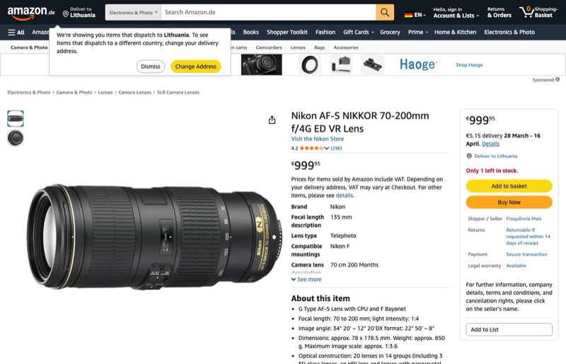 Objektyvas Nikon AF-S Nikkor 70-200mm kaina Amazon.de — 999,95 €