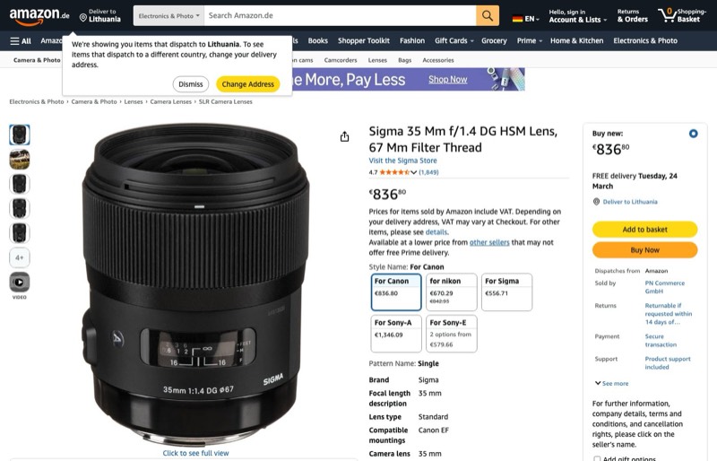 Sigma 35mm F1 kaina Amazon.de — 836,80 €