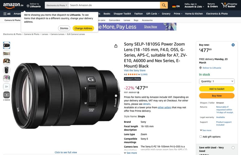 Sony SELP18105G kaina Amazon.de — 477,89 €