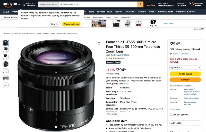 Panasonic 35-100mm f/4-5.6 kaina Amazon.de — 294,86 €