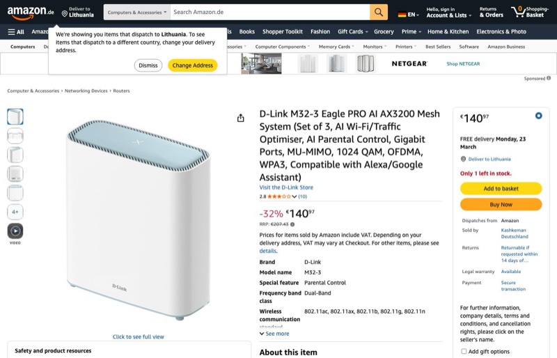 D-Link M32-3 Eagle PRO AI AX3200 Mesh System (3er Set kaina Amazon.de — 140,97 €