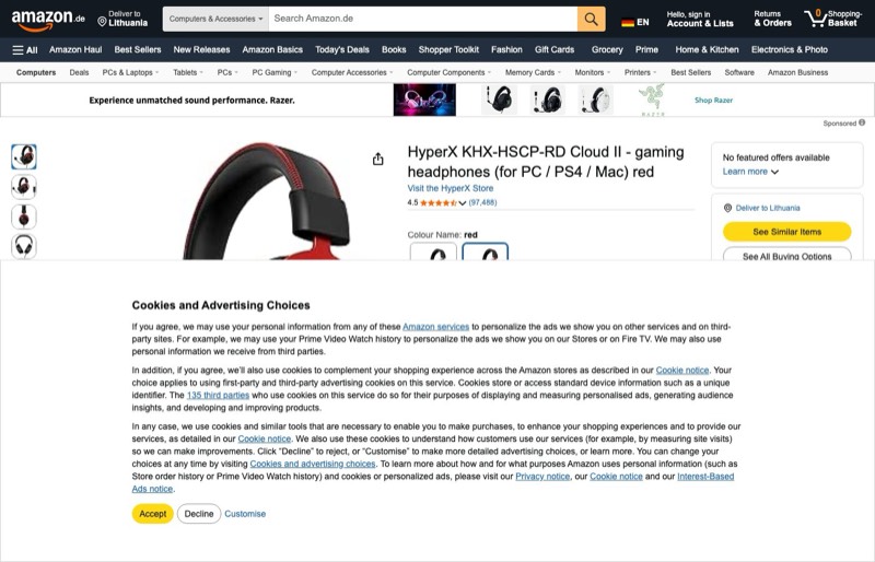 HyperX Cloud II kaina Amazon.de — 55,91 €