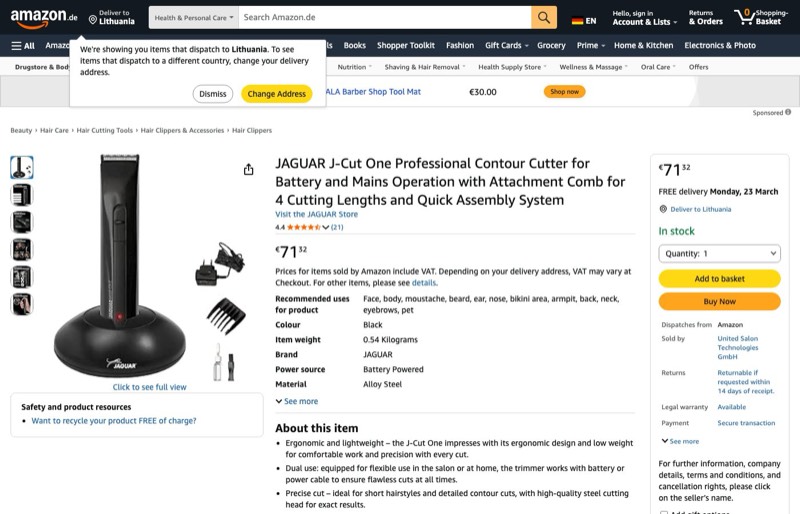 JAGUAR J-Cut One Contour Cutter kaina Amazon.de — 71,32 €