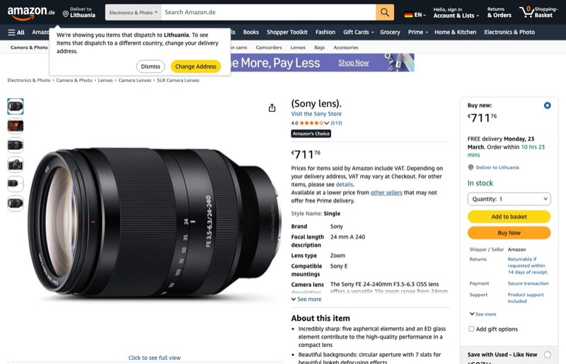 Sony FE 24 kaina Amazon.de — 711,76 €