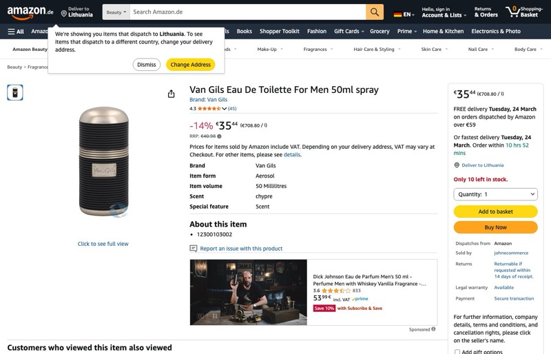 Van Gils Strictly For Men EDT 50 ml kaina Amazon.de — 35,44 €