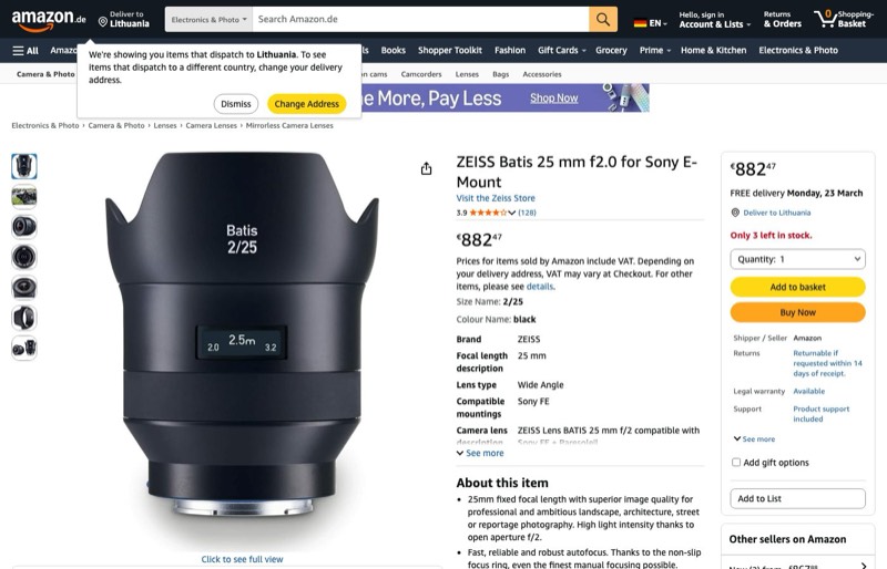 Objektyvas Zeiss Batis 2 kaina Amazon.de — 882,47 €