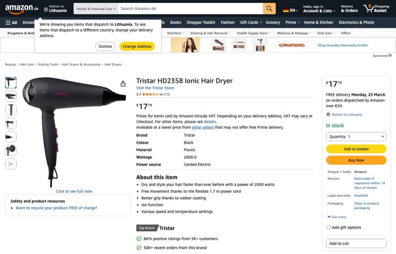 Tristar HD-2358 Ionic Hair Dryer 2000W kaina Amazon.de — 17,79 €