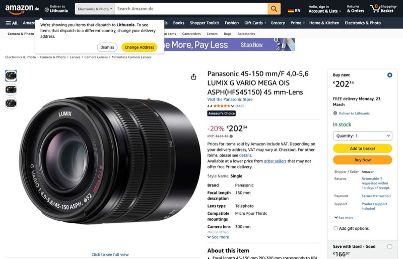 Panasonic H-FS45150EKA LUMIX G Vario Telezoom 45-150 mm kaina Amazon.de — 202,34 €