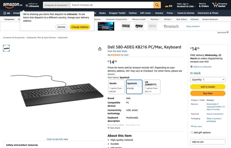 Dell KB216 USB Keyboard kaina Amazon.de — 14,58 €