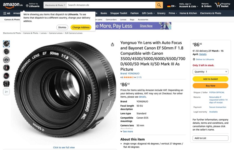 Yongnuo YN 50mm F1.8 Canon EF kaina Amazon.de — 86,42 €