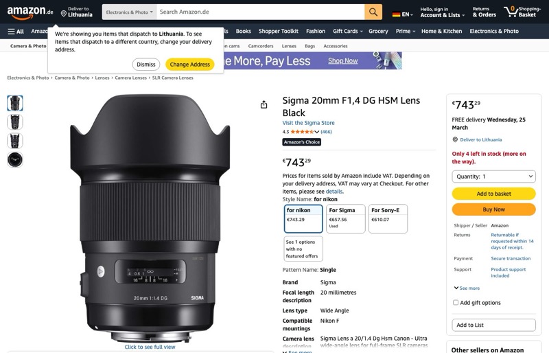 Objektyvas Sigma 20mm for Nikon F mount kaina Amazon.de — 743,29 €