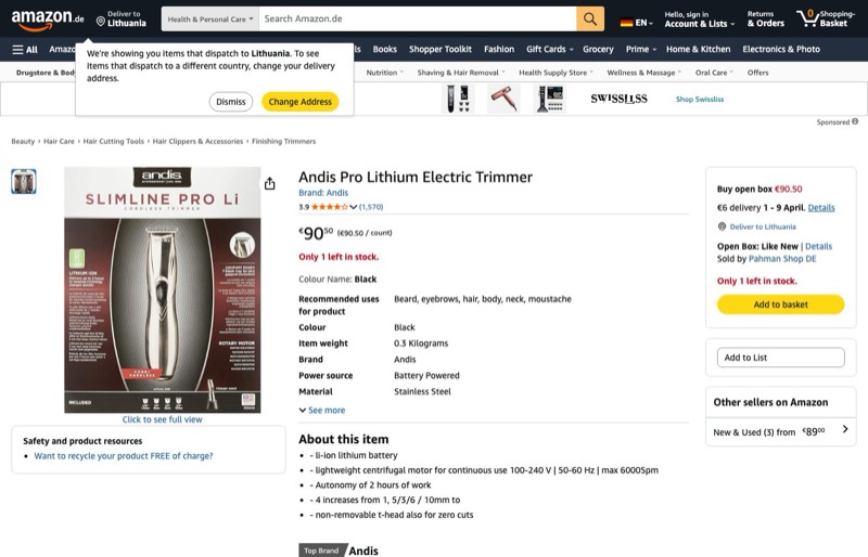 Andis SlimLine Pro Li kaina Amazon.de — 90,50 €