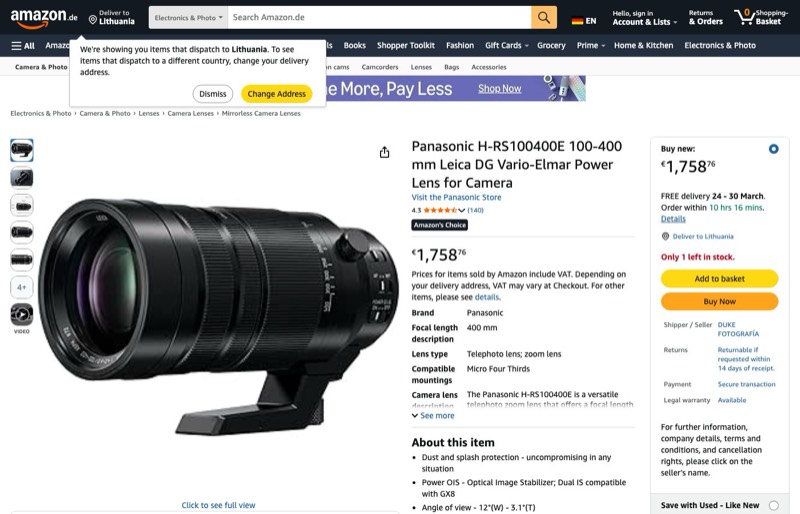 Panasonic H-RS100400E9 Leica DG VARIO-ELMAR Kamrea kaina Amazon.de — 1758,76 €