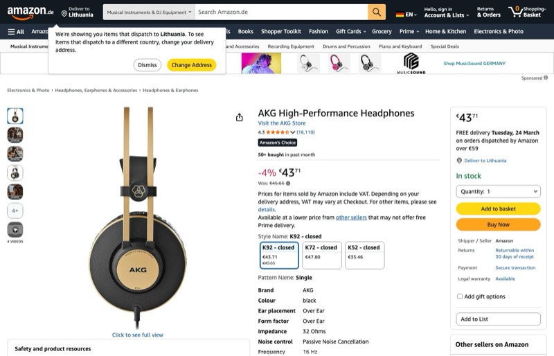 AKG K92 Studiokopfhörer kaina Amazon.de — 43,71 €