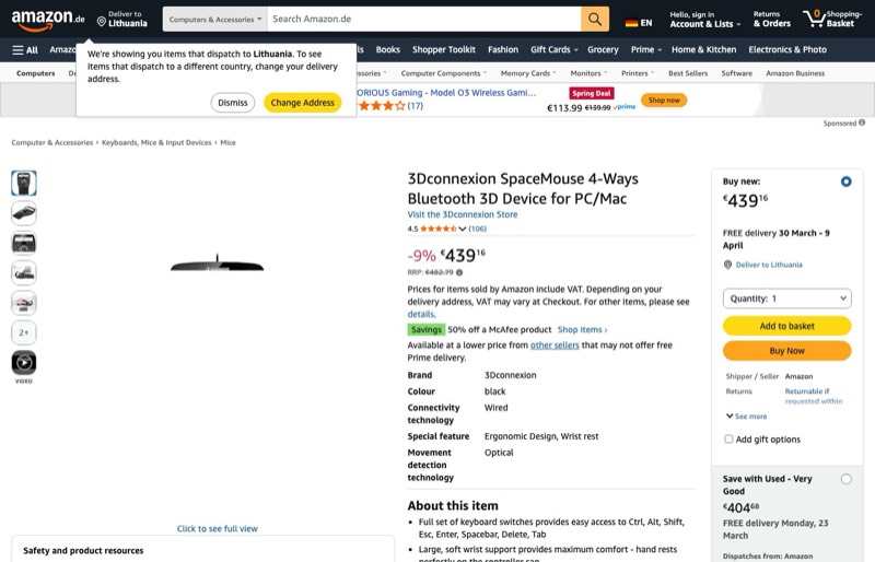 3Dconnexion SpaceMouse Enterprise (3D kaina Amazon.de — 439,16 €