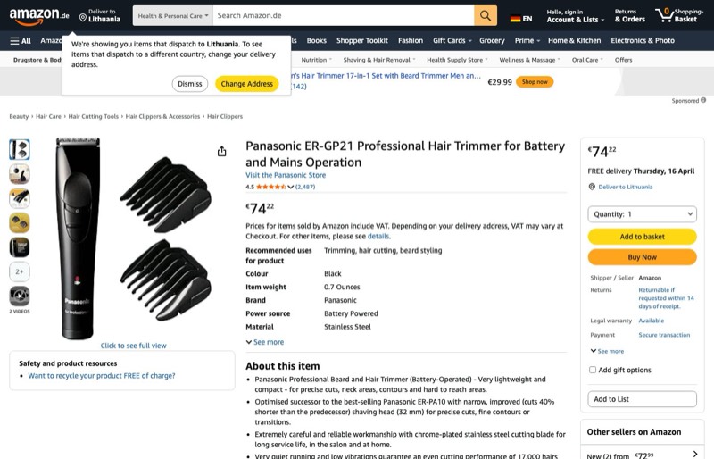Panasonic ER-GP21 Hair Trimmer kaina Amazon.de — 74,22 €