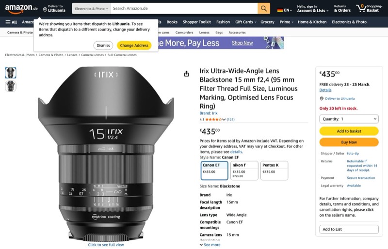 Irix ® Ultraweitwinkelobjektiv Blackstone 15mm f2 kaina Amazon.de — 435,00 €