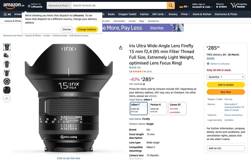 Objektyvas Irix 15mm for Nikon kaina Amazon.de — 285,00 €