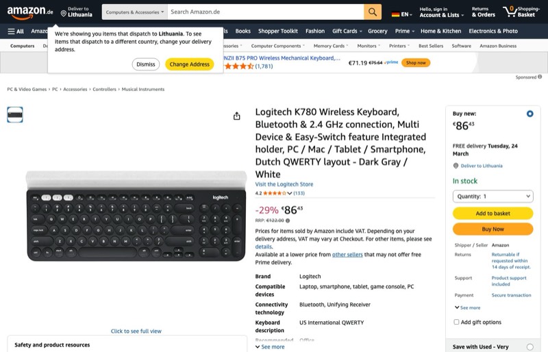 Logitech K780 kaina Amazon.de — 86,43 €