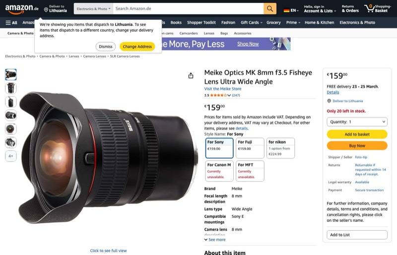 Meike Optics MK 8mm f3.5 Fisheye-Objektiv Ultra-Weitwinkel kaina Amazon.de — 159,00 €