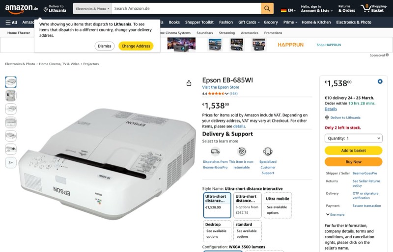 Epson EB-685WI kaina Amazon.de — 1538,00 €