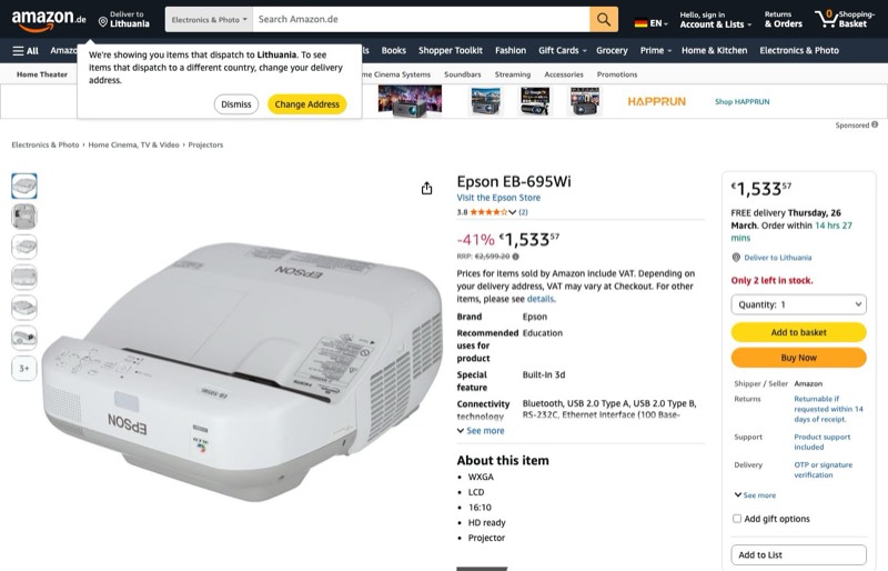 Epson EB-695WI No Color kaina Amazon.de — 1533,57 €