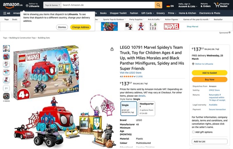 LEGO Marvel Spideys Team-Truck 10791 kaina Amazon.de — 137,27 €