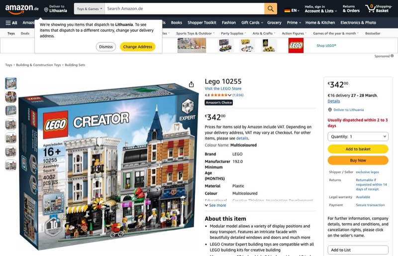 LEGO Creator 10255 kaina Amazon.de — 342,00 €