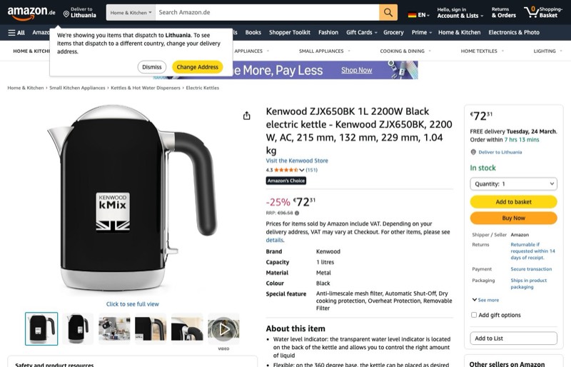 KENWOOD ZJX650BK kaina Amazon.de — 72,31 €