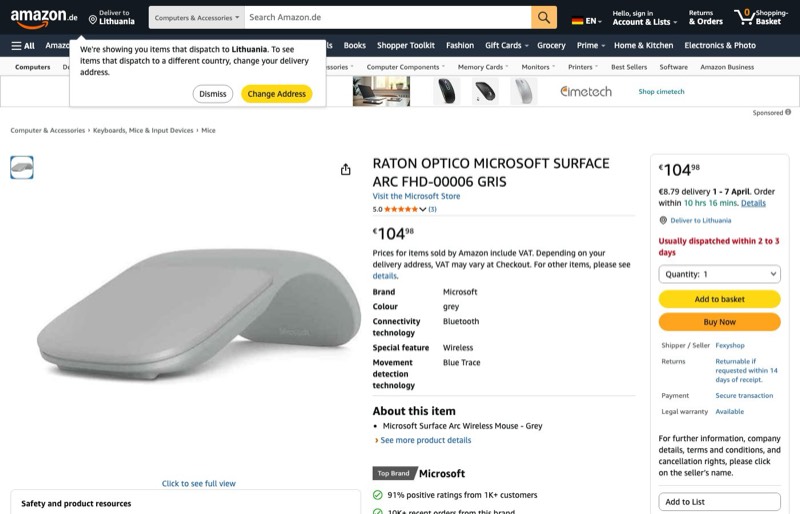 Microsoft ARC Touch Bluetooth PERP Bluetooth Blue Trace kaina Amazon.de — 104,98 €