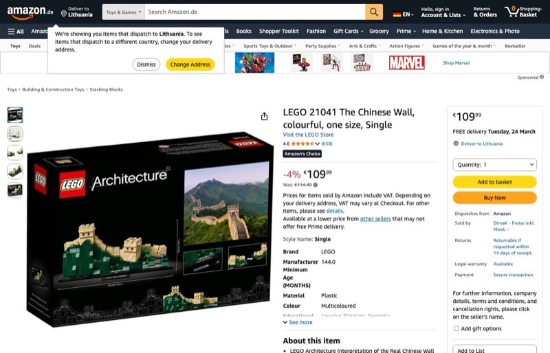 LEGO Architecture Great Wall of China 21041 kaina Amazon.de — 109,99 €