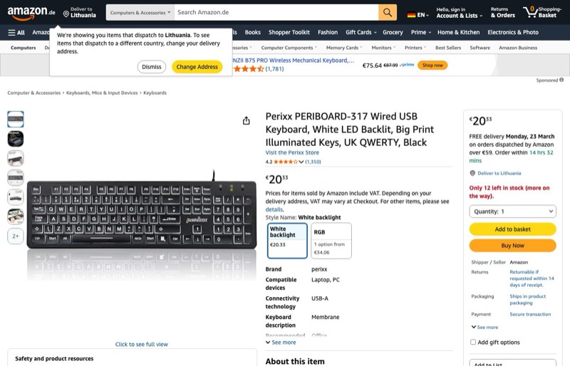 Perixx PERIBOARD-317 Wired USB Keyboard kaina Amazon.de — 20,33 €