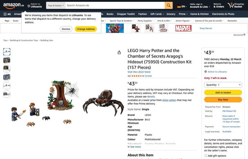 LEGO Harry Potter Aragogs Versteck 75950 kaina Amazon.de — 43,02 €