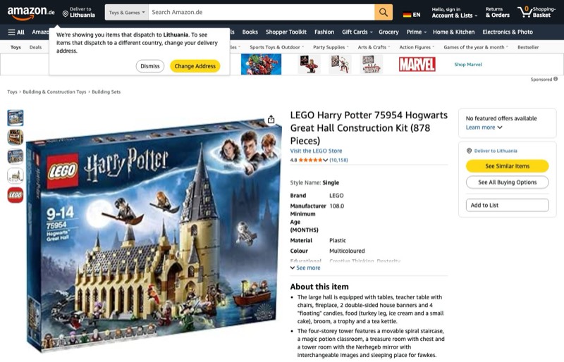 LEGO Harry Potter Hogwarts Hall 75954 kaina Amazon.de — 149,98 €