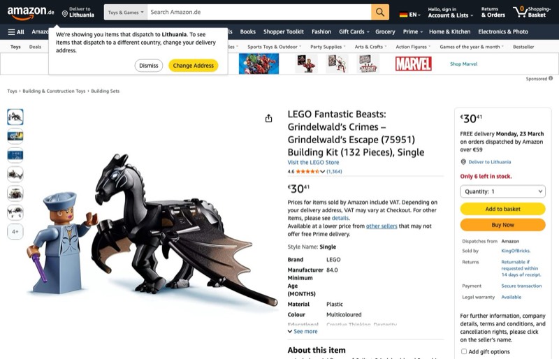 LEGO Harry Potter 75951 kaina Amazon.de — 30,41 €