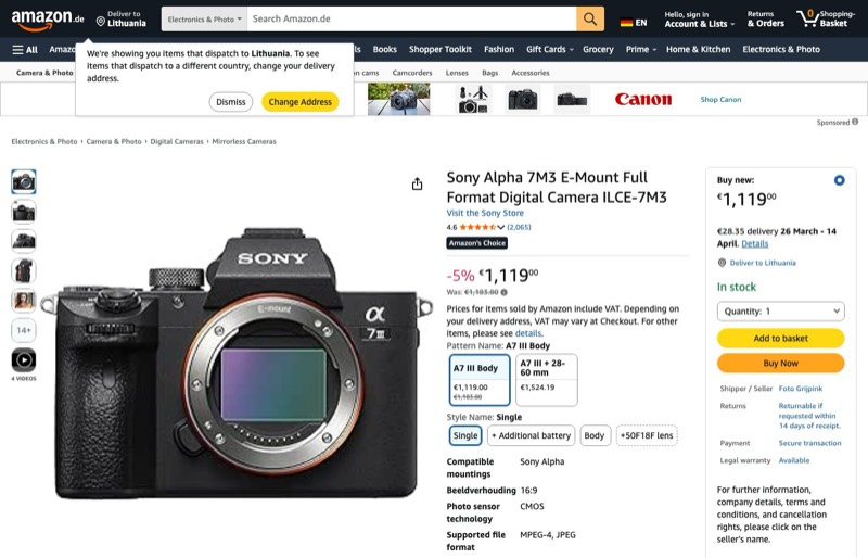 Sony Alpha 7 III Spiegellose Vollformat- (Schneller 0 kaina Amazon.de — 1119,00 €