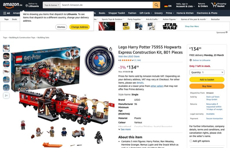 LEGO Harry Potter Hogwarts Express 75955 kaina Amazon.de — 134,99 €